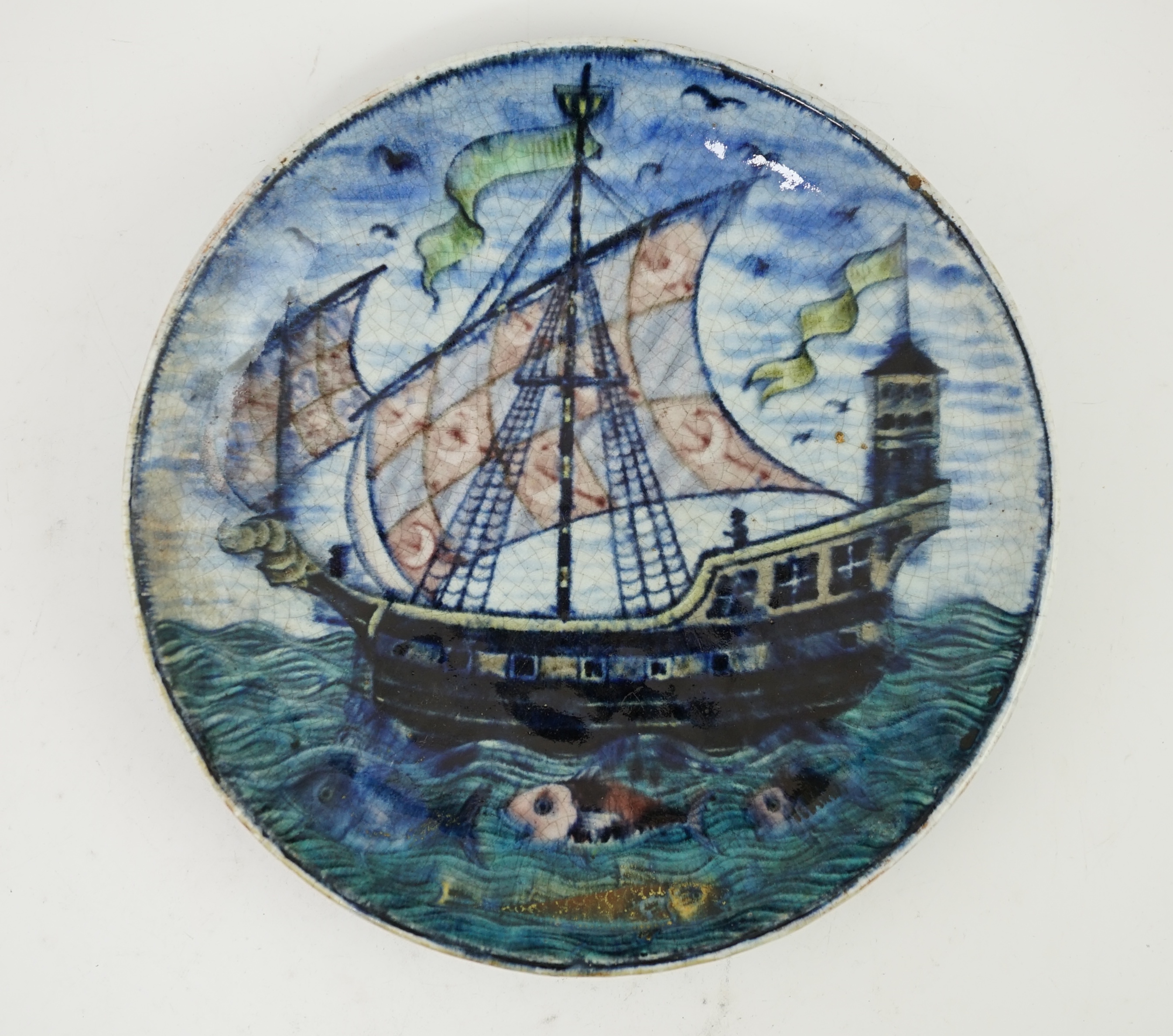 A William de Morgan ‘Galleon ship’ plate, Fulham period (1888-1898), decorated by Charles Passenger